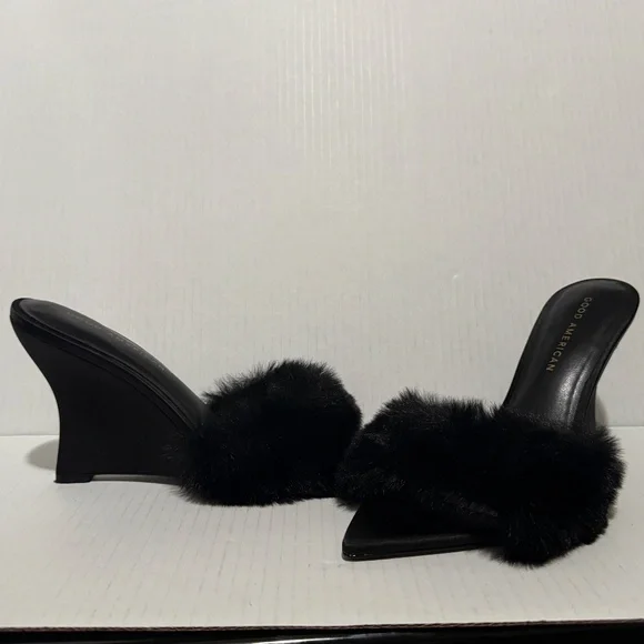 Good American Furry Sexy Wedge Heels Sz 8 - Picture 4 of 13